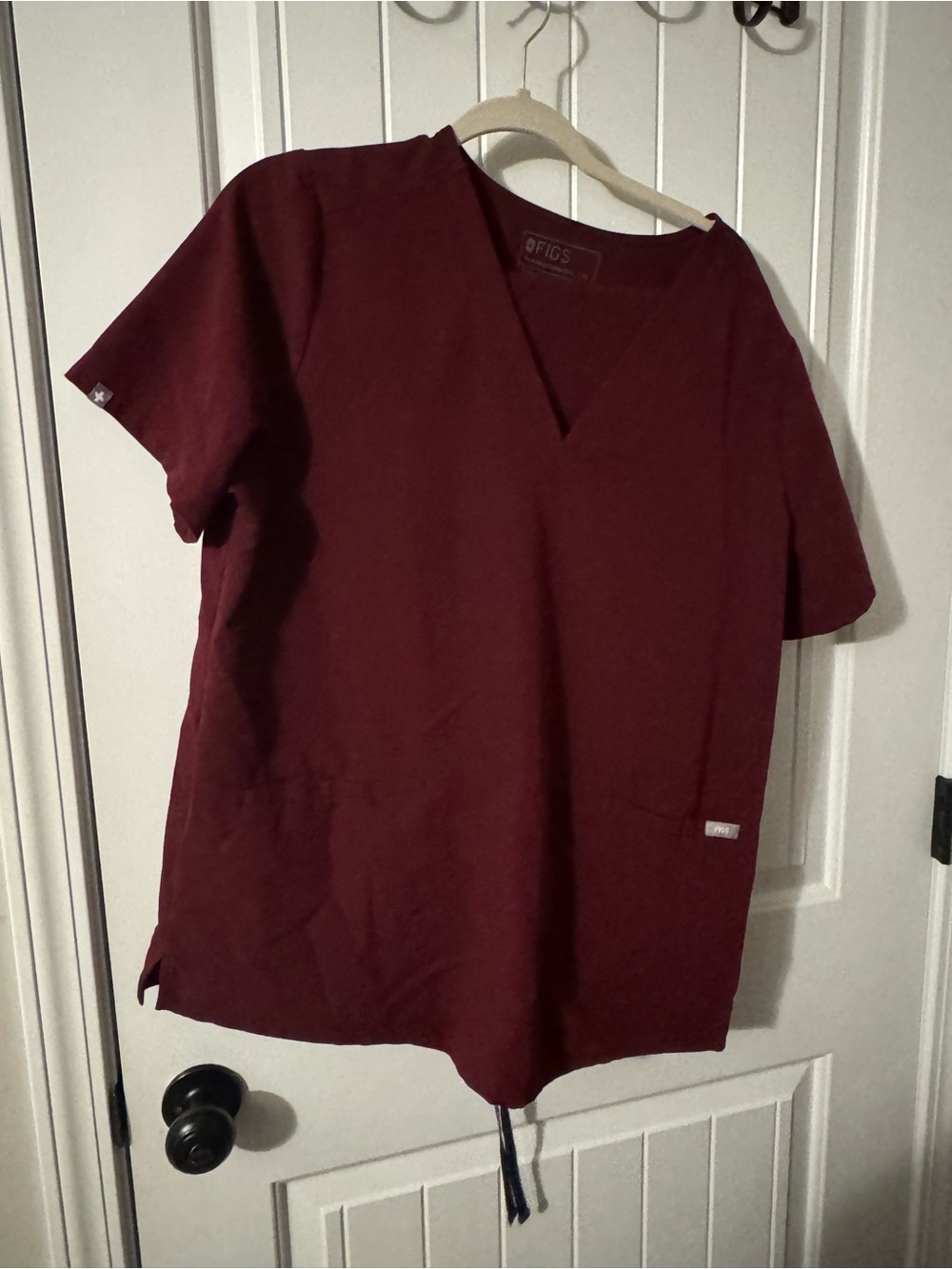 Figs V-Neck Scrub Top set in Burgundy. Zamora high waisted bottoms